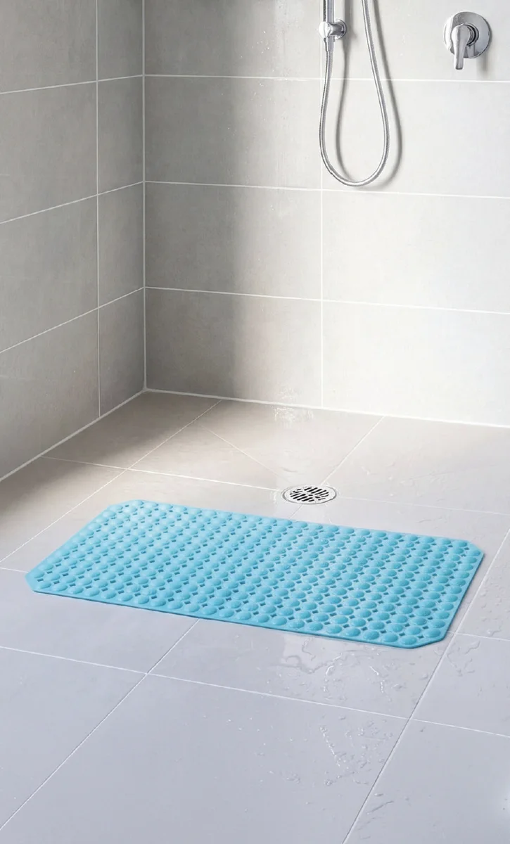 Aqua Conni rectangle shower mat on a tiled shower floor
